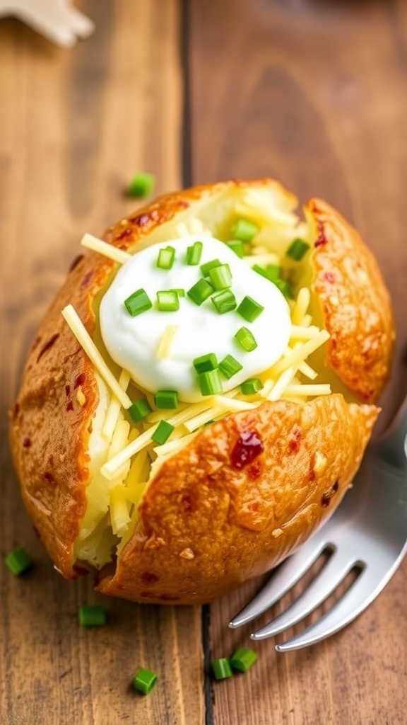 Crispy air fryer baked potato topped with sour cream, cheese, and chives on a wooden table.